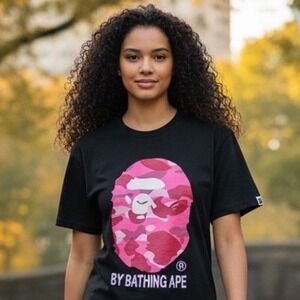 A Bathing Ape BAPE Womens Black Pink Camo Big Ape‎ Head Graphic T-Shirt Large